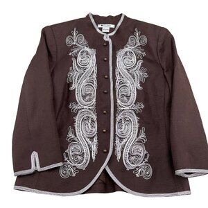 Nygard Jacket Women 10 Brown White Embroidered‎ Paisley Linen Boho Art Neutral